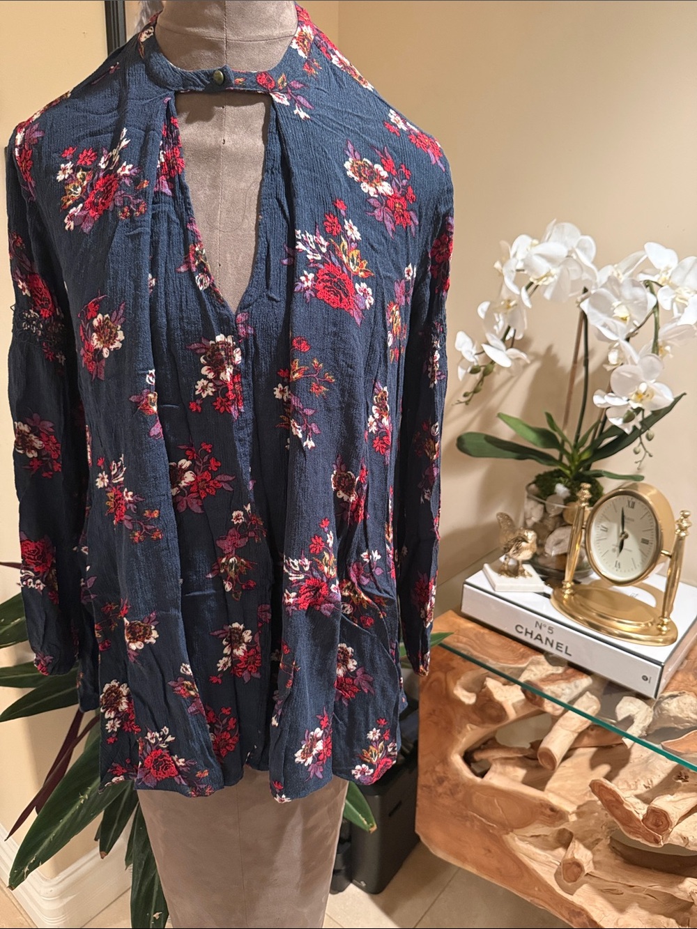 Free People XS Navy Floral Tie-Neck Blouse